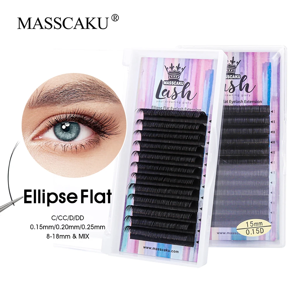 MASSCAKU Matte Black Natural Individual Eyelashes 8-18mm&mix Length Ellipse Flat Eyelashes Extensions Wholesale