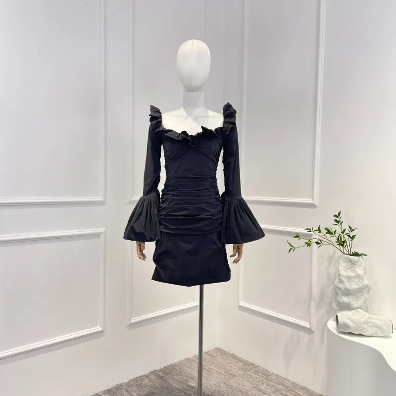 

Solid White 2023 New Fasion High Quality Ruffles Folds Lady Slim Fit Long Sleeve Woman Balck Mini Dress