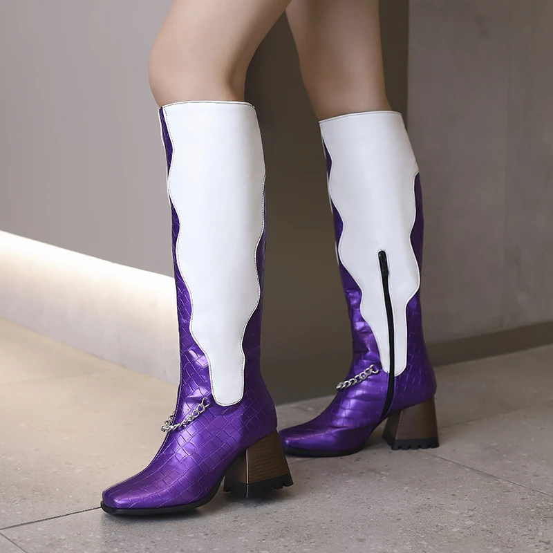 

Plus Size Snake Patterned Microfiber Patchwork PU Women's Fashion Boots Square Toe Thick Heel Chain Zip Knee High Boots