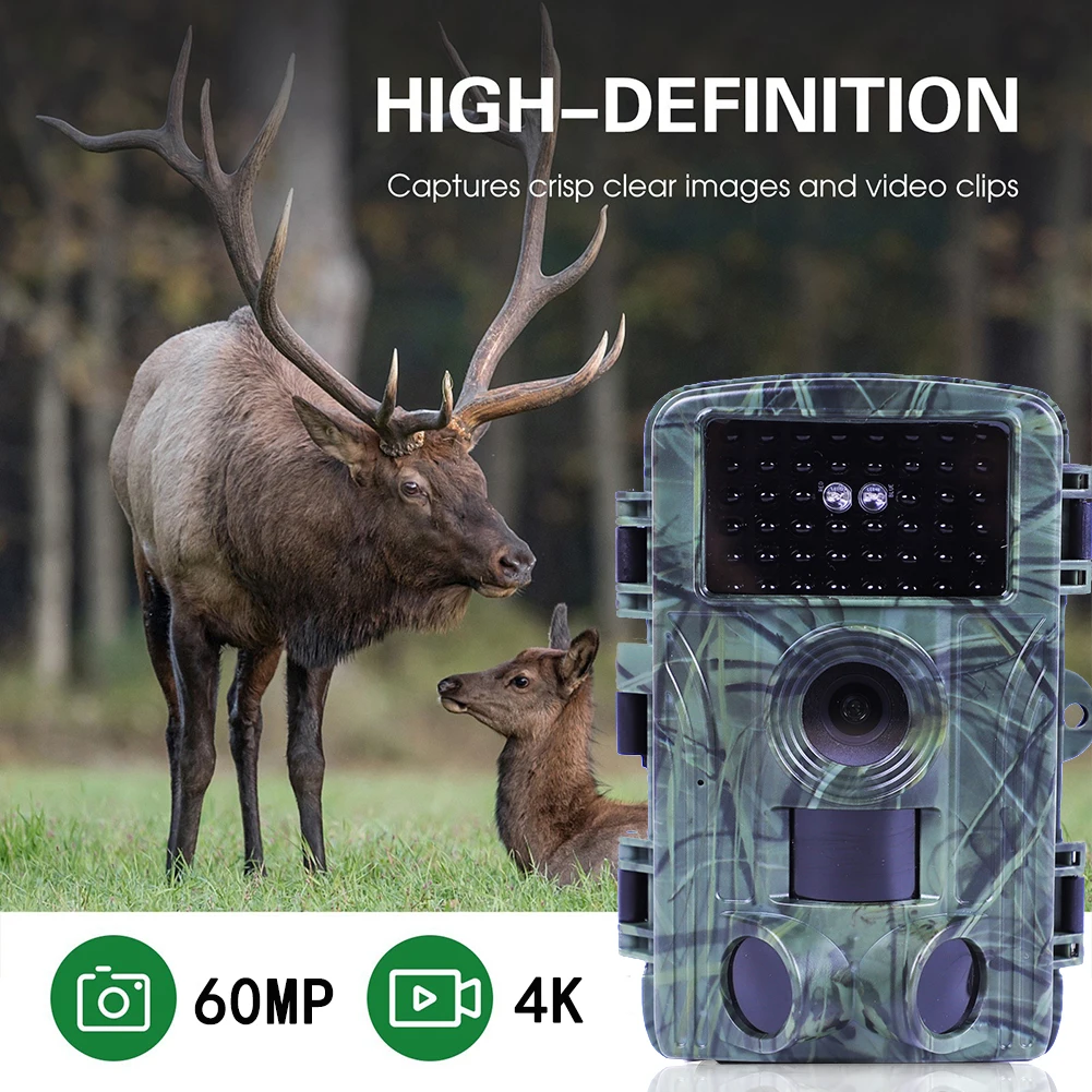야외 야생 동물 모니터링용 야간 투시 방수 사냥 카메라, 4K 와이파이 60MP 트레일 카메라, 2 인치 스크린