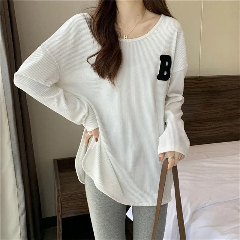 

2pcs Women O-Neck Long Sleeve T-shirt 2023 Spring New Embroidery Letter Split Loose Girls Top Woman Clothing