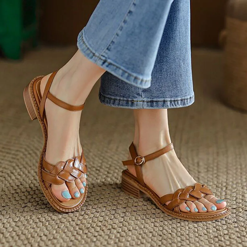 New2023RetroWomensSandalsRomanLiteraryStyleHollowFemaleShoes