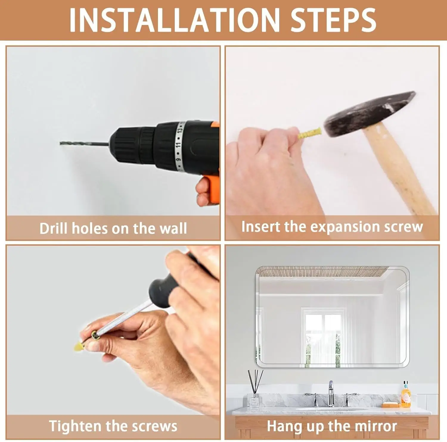 Frameless Bathroom Mirror. 30x32". Rounded Rectangle. Polished Edge. Wall Mounted. Shatterproof. Horizontal/Vertical.