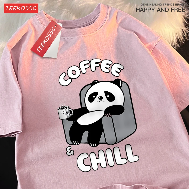 Coffee Chill Panda Enjoying Time T Shirts Men Women High Quality Oversize T Shirt Loose Summer Tee Clothes Casual Cotton Tops