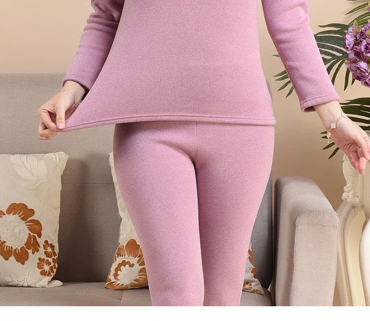 Winter Women New 2 Piece Sets Female Semi-High Neck Thermal Underwear Tops Ladies De Velvet Fall Pants Thick Suits H691