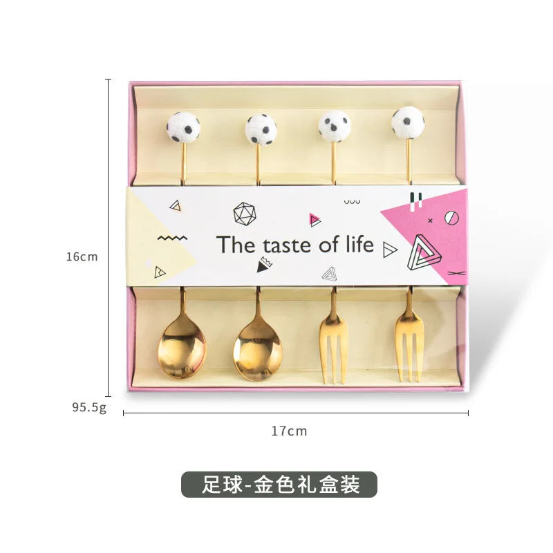 10Sets Creative Football Basketball Spoon Fork Stainless Steel 304 Fruit Fork Coffee Dessert Spoon Gift Box Set