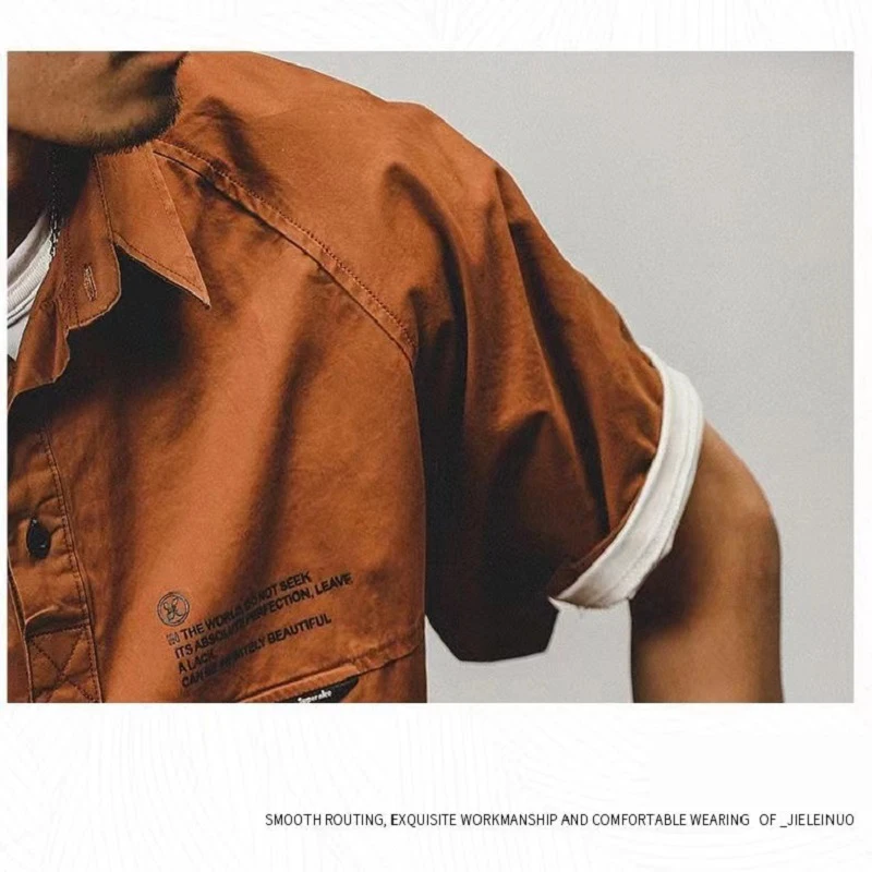 Men'S T-Shirt American Retro Loose Summer Short Sleeves 2022 New Work Shirt Collar Half Sleeve Clothes Printing Man