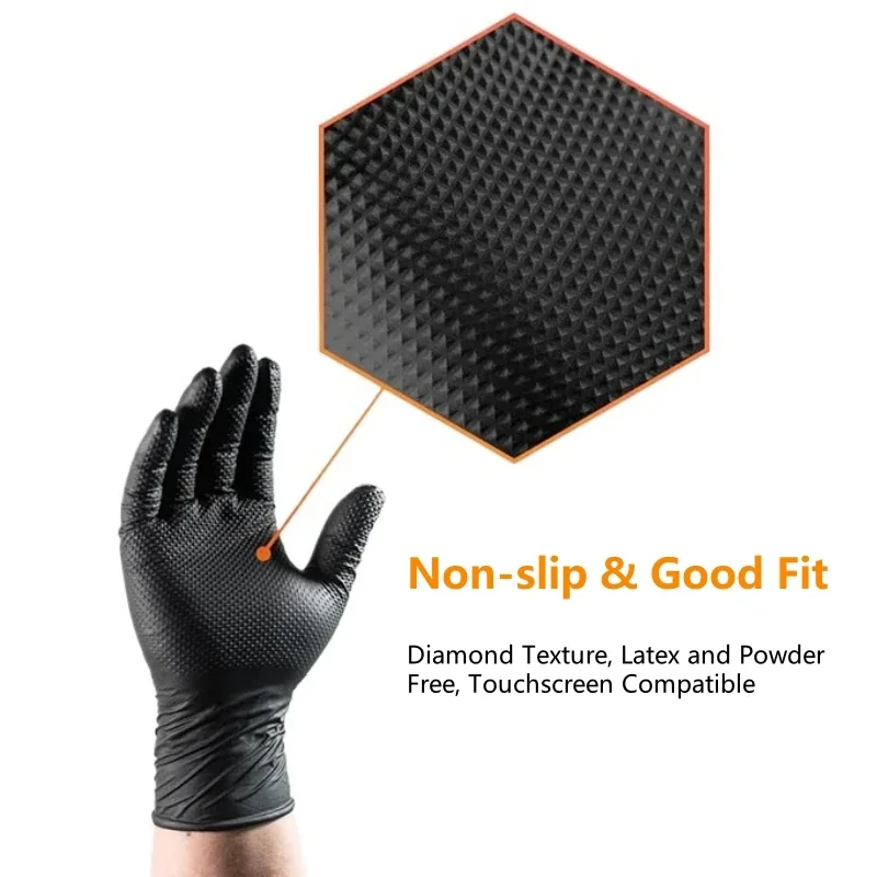 8Mil Black Nitrile Gloves Disposable Super Duty Diamond Textured