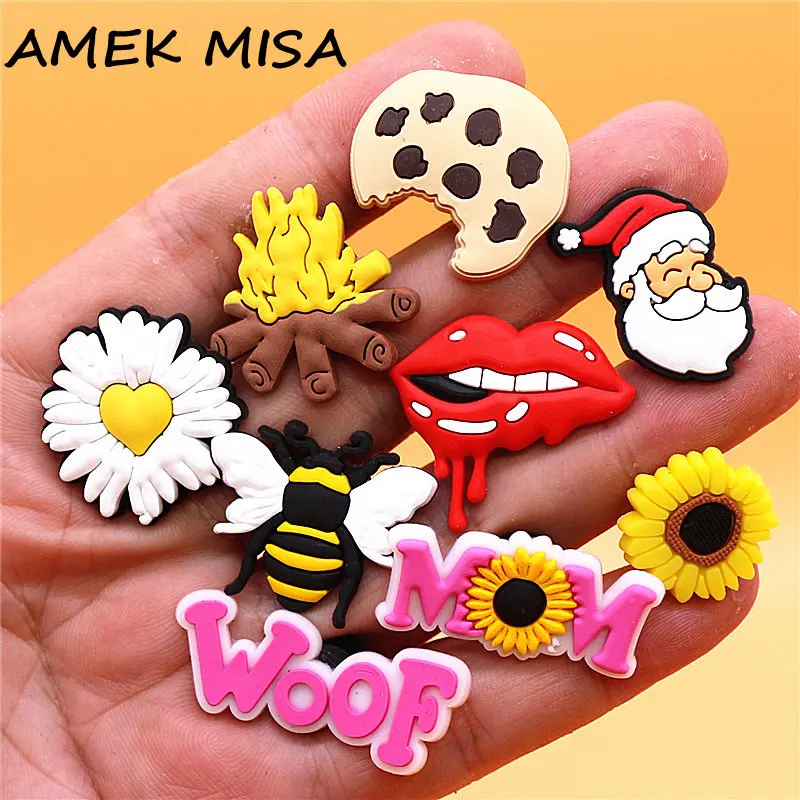 1Pcs PVC Bloody Lips Lovely Styles Sandals Shoe Charms Accessories Pink Mama Cookie Bonfire Clogs Shoe Buckle Fit Kids Gifts