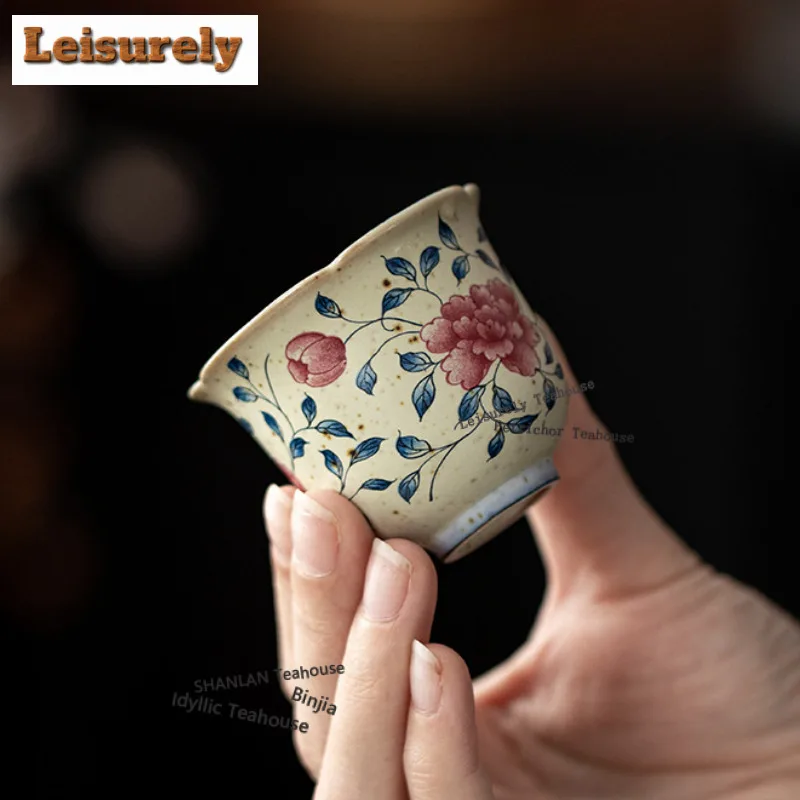 2pc/lot Twining Peony Flower Mouth Teacup Japanese Tea Bowl Water Jug Tea-tasting Personal Cup Chazhan Master Cup Tableware 50ML