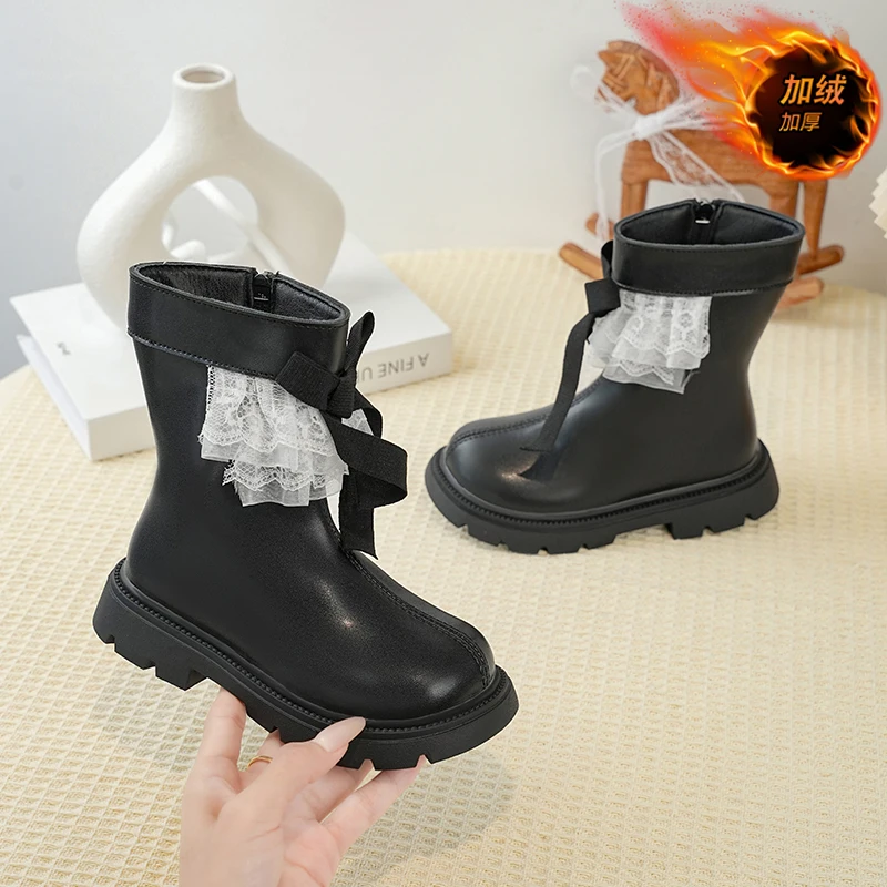 Leather Boots for Girls Winter Kids Fleece Non Slip