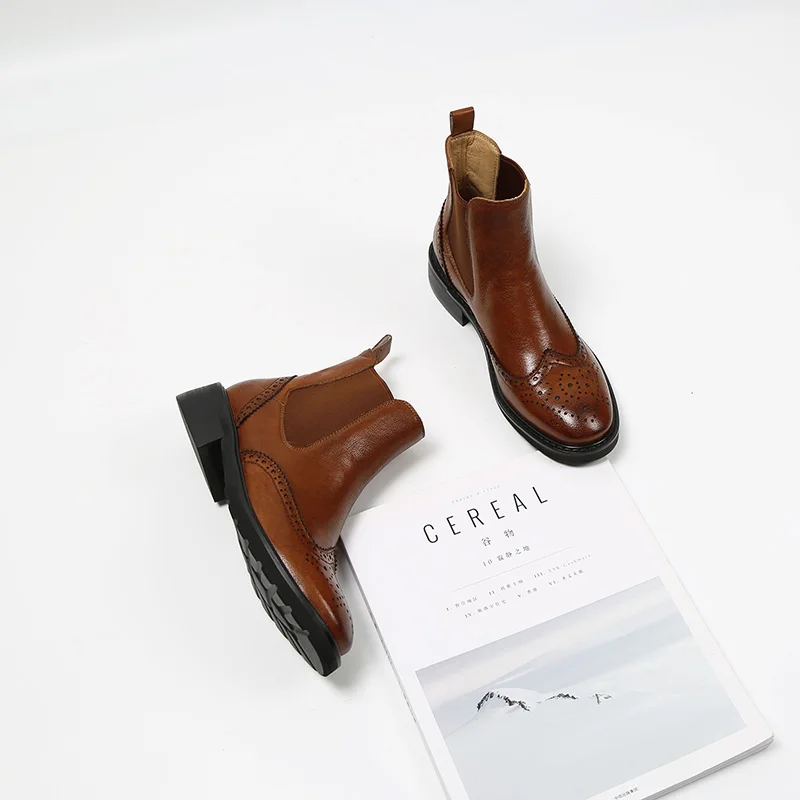 MORDOAN Genuine Cow Leather Chelsea Short Boots Women's Flat Ankle Boots Ladies Brogue Retro Brock Women's Shoes