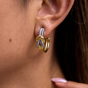 Uworld Personalized Designer Classic 18K Gold Color Plated Stainless Steel Two-Tone Knot Threaded Double Layer C-Ring Earrings S