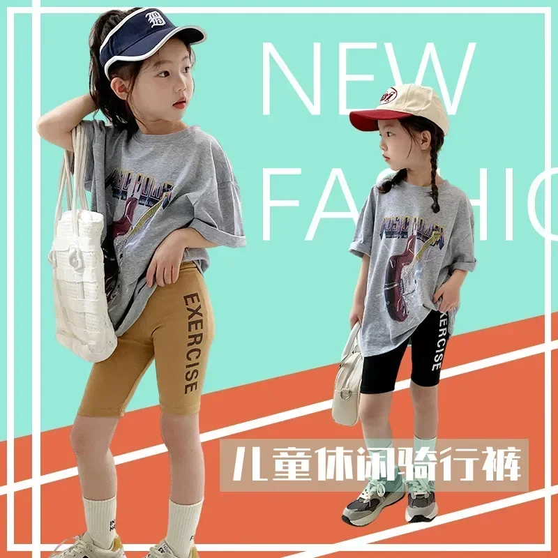 Kids Shorts Kids Trousers Girls Shorts Teenagers Letter Print Bottom Leggings Kids Knee Length Five Pants Summer 2 To 12Years Children's Bicycle Trousers