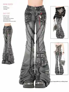 2025 Autumn Winter Women's Denim Pants Dark Academia Cargo Jean Flared Bell Bottom Designer Kpop Japanese Y2k 2000s Goblin Core 1