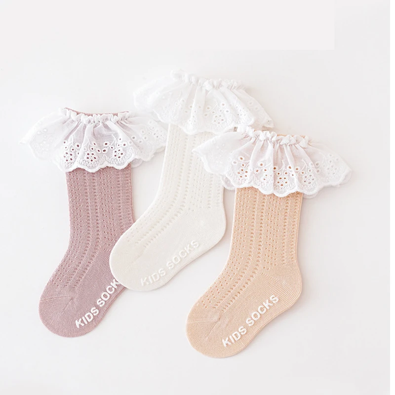 

3Pairs Lace Ruffle Baby Girls Socks Princess Cotton Breathable Mesh Knee High Socks 0-5Y Kids Toddler Infant Non Slip Floor Sock