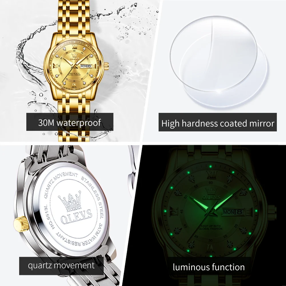 Relógio de quartzo feminino de aço inoxidável da moda, luxuoso, com calendário duplo, luminoso, à prova d'água, elegante para mulheres_voghion.com