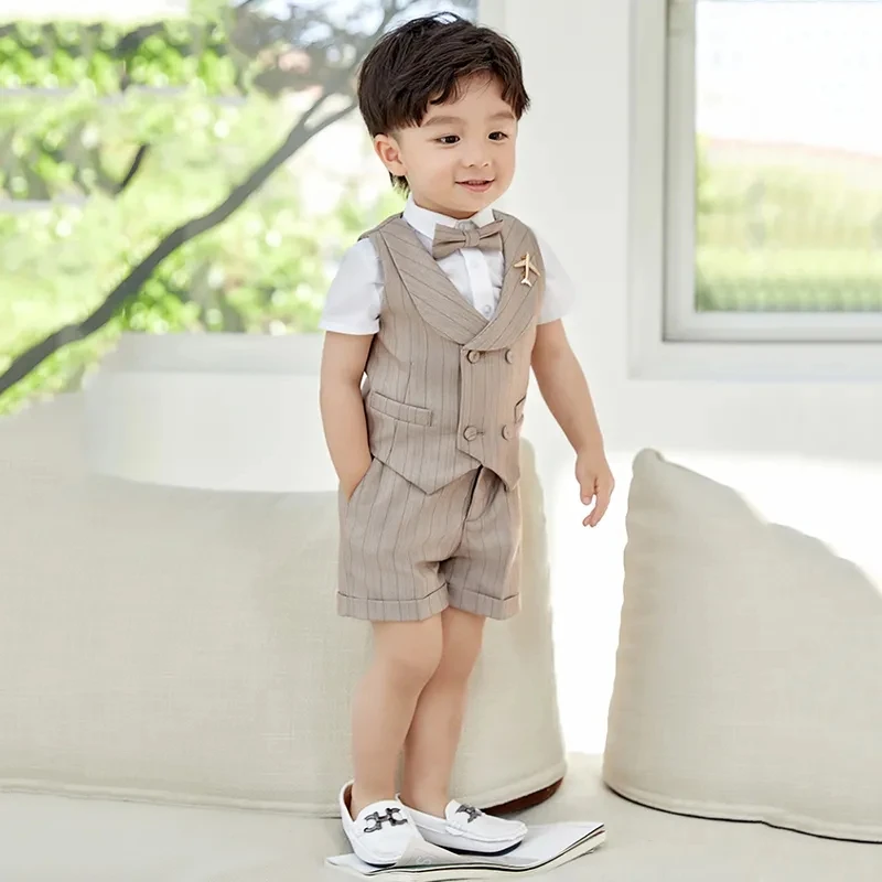 Boys Suit Set Spring Summer Khaki Striped Baby Child Birthday Party Wedding Photography Costume Kids Blazer Vest Pants Clothes