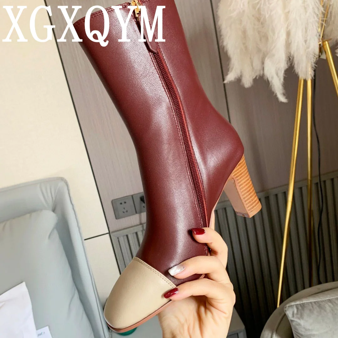 

New Sexy Round Toe Ankle Boots Women Genuine Leather Mules Chunky Heel Party Short Shoes Ladies Runway Motorcycle Botas Female