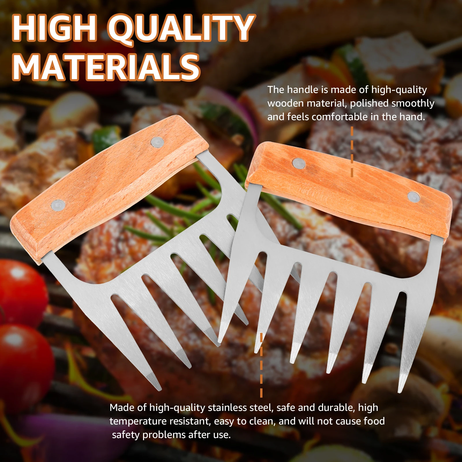2Pcs Meat Shredder Claws Wood Handle Stainless Steel BBQ Meat Claws Efficient Pulled Pork Shredder Portable Pork Shredding