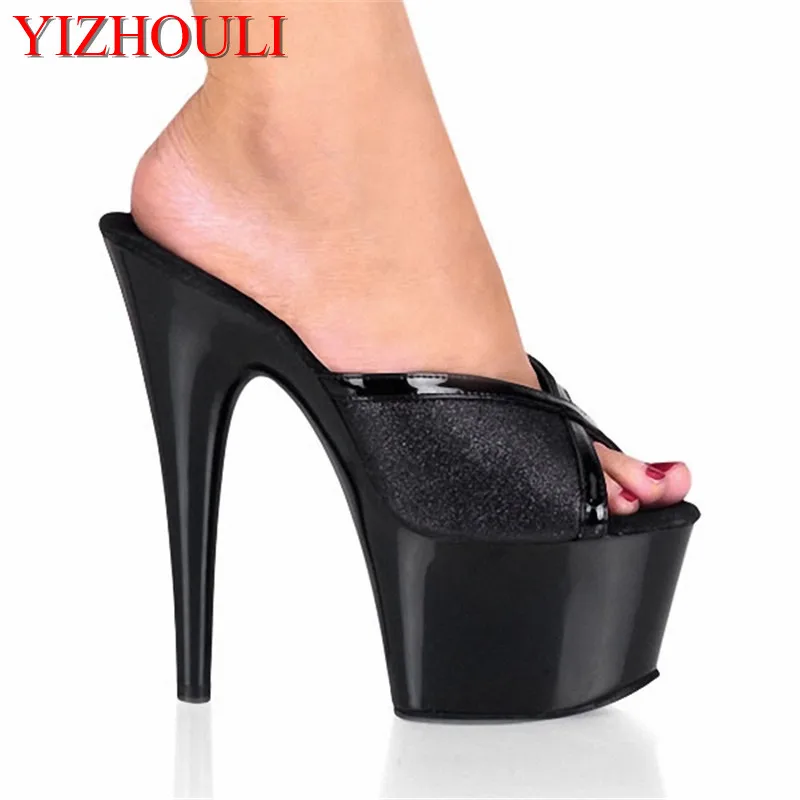 Female Sandals 6 Inch Open Toe Slippers With Bright Glitter Shoes 15cm Ultra High Heels Sexy Lady Party  dance shoes bowtie sugar pink velvet sandals 2024 new celebrity slippers square toe open toe thin heels black high heels