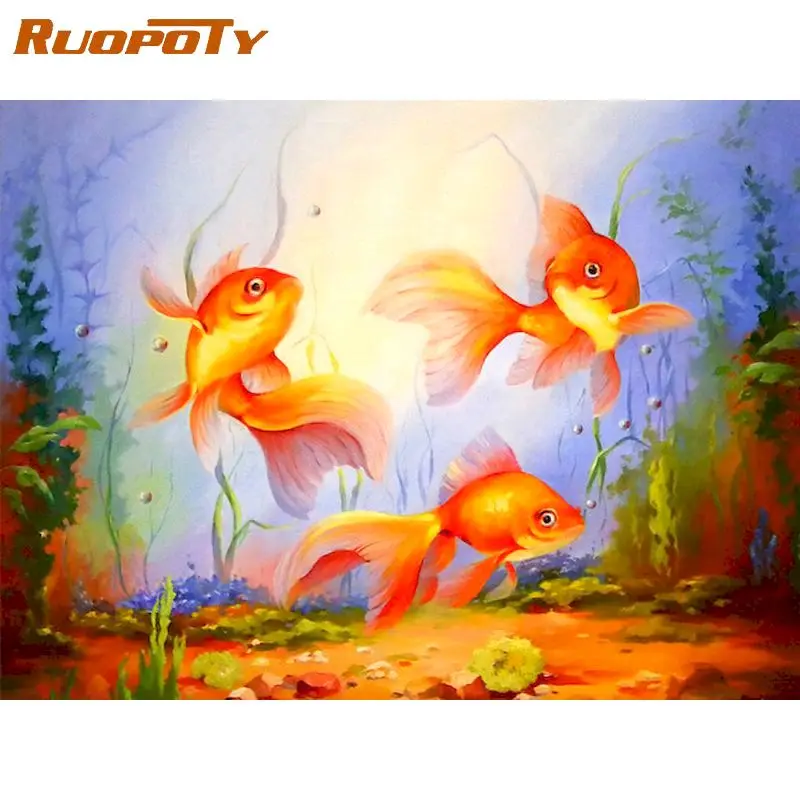 

RUOPOTY Painting By Numbers With Canvas Stretcher Frame Fish Modern Wall Art Picture With Numbers Animals For Home Decors