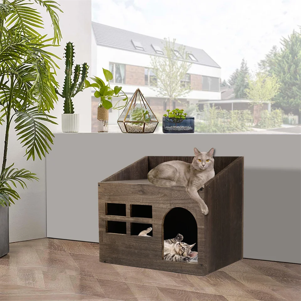 Wooden Cat Cave Bed with Cushion for Indoor Cats