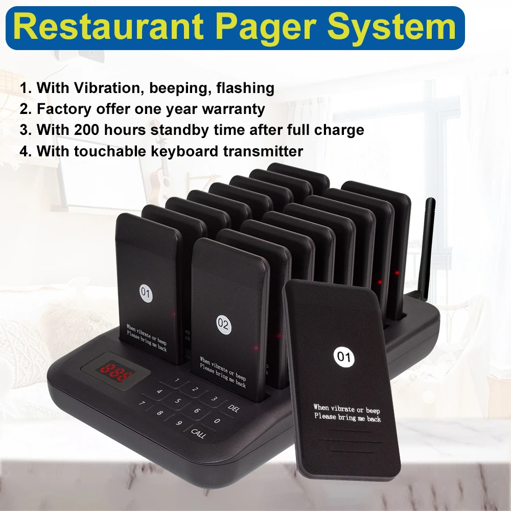JINGLE BELLS Wireless Calling System Buzzer Restaurant 16 Pager Receiver in Vibration 1 Keypad Transmitter Guest Paging Coaster wireless calling system