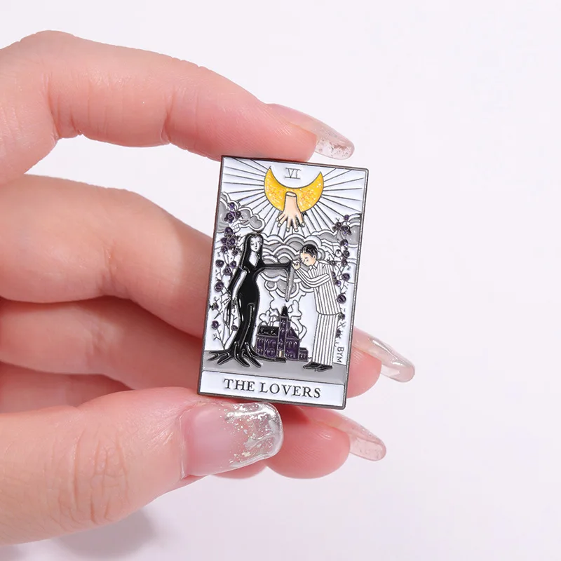 Comedy Tarot Card THE LOVERS Anime Brooches Gomez And Morticia Enamel Badge Pins Jewelry Gift Accessories
