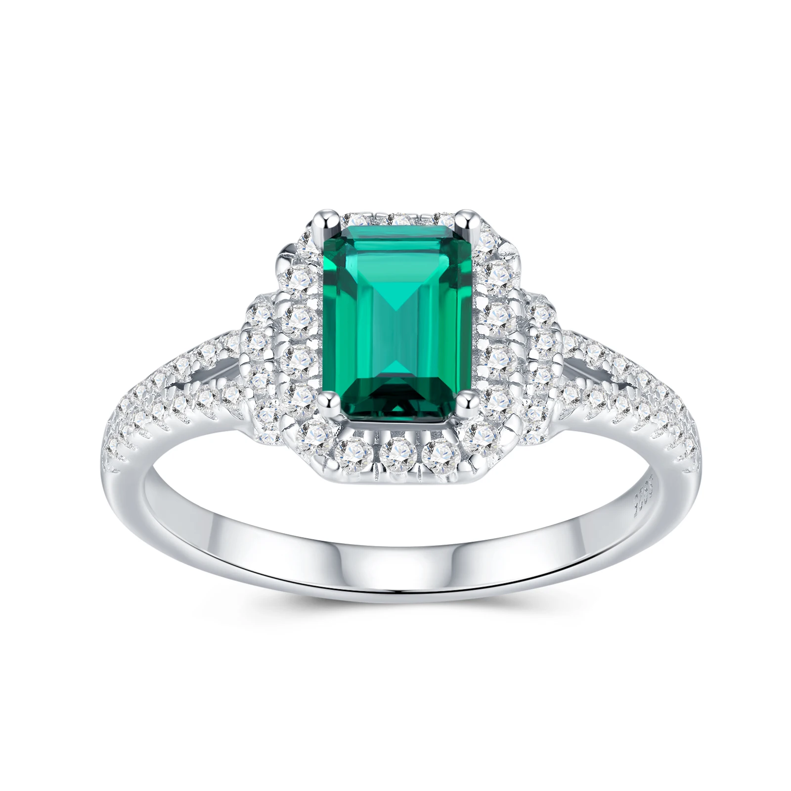 JIUZUAN Emerald Cut 5x7mm Lab Emerald Ring S925 Silver 18K Gold Plated Pavé Moissanite Halo Engagement Jewelry for Women Ring - 5