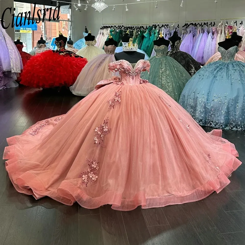 

Luxury 3D Flowers Appliques Lace Quinceanera Dresses Ball Gown Off The Shoulder Beading Bow Sweet 15 Vestidos De XV Años