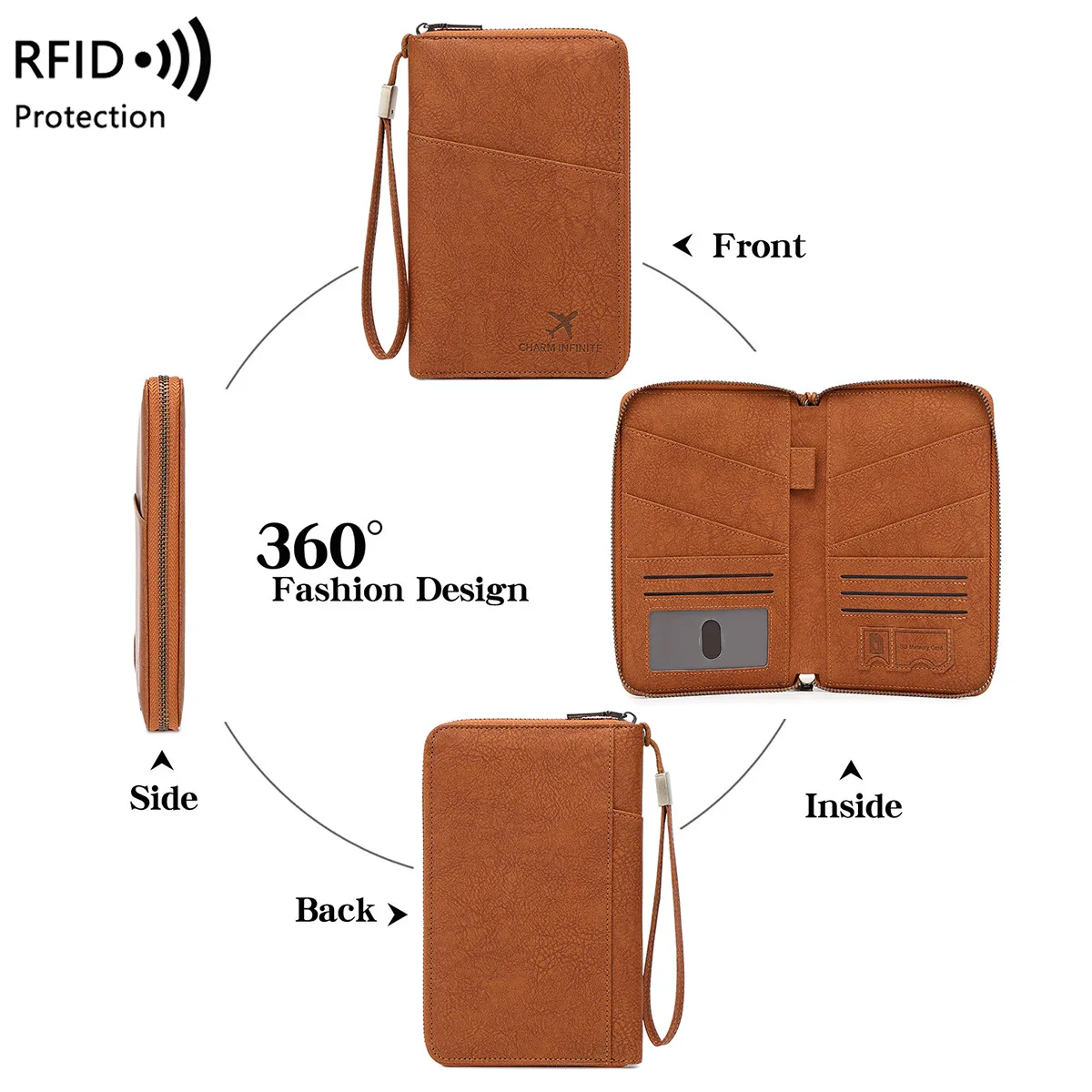 Borsa per passaporto con blocco RFID con porta documenti da viaggio con cerniera lunga Portafoglio multifunzionale per riporre biglietti per passaporti multipli - immagine 4