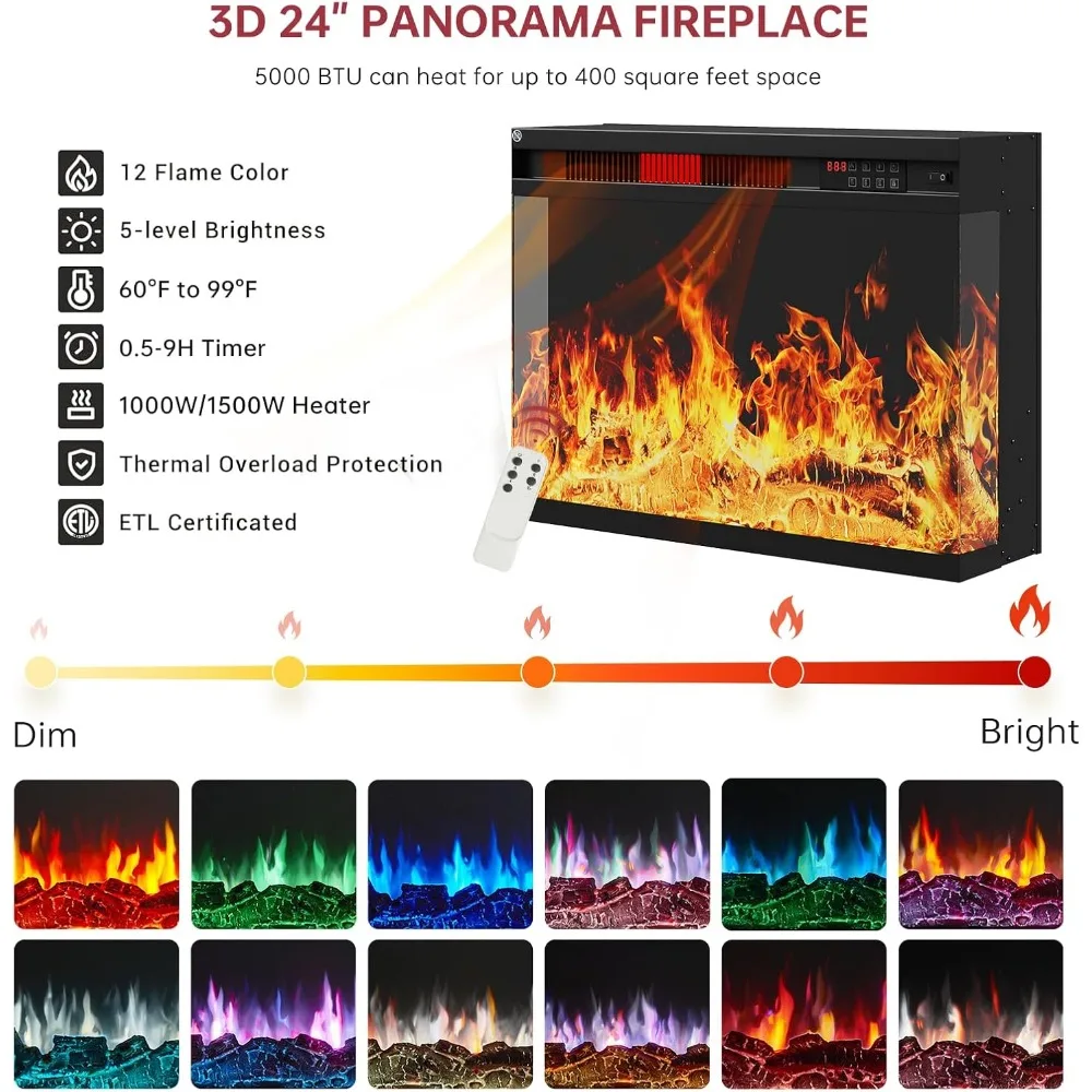 59'' Fireplace TV Stand, 3 Sided Glass Media Entertainment Center Console Table Glass Door Adjustable Flame LED Color, TV Stand 5