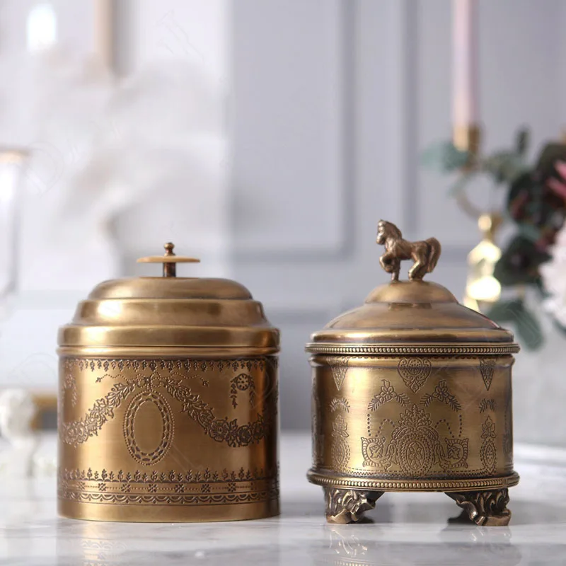 European Brass Storage Jar With Lid Handmade Floral Embossed Decorative