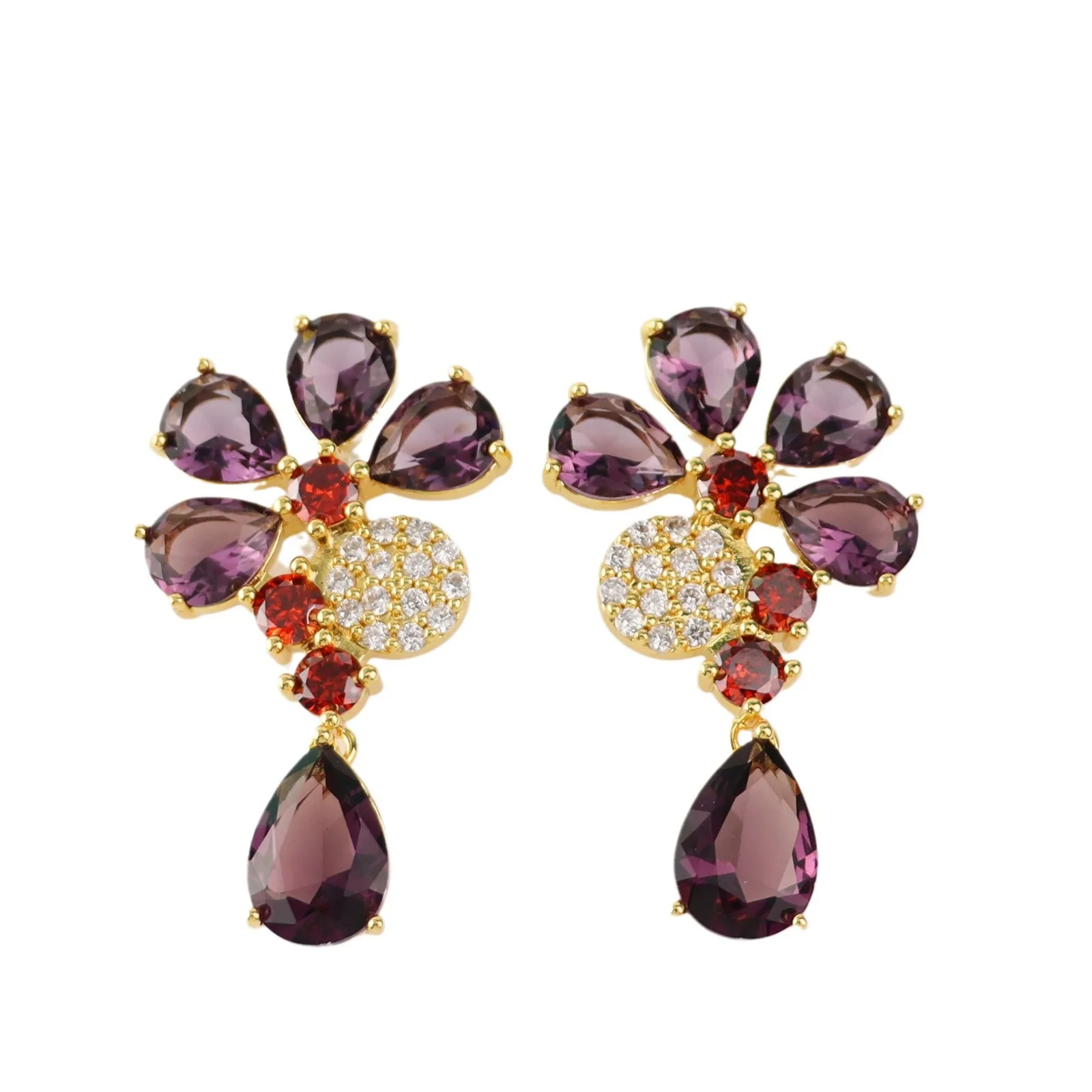 European and American colored water drop zircon inlaid flower earrings