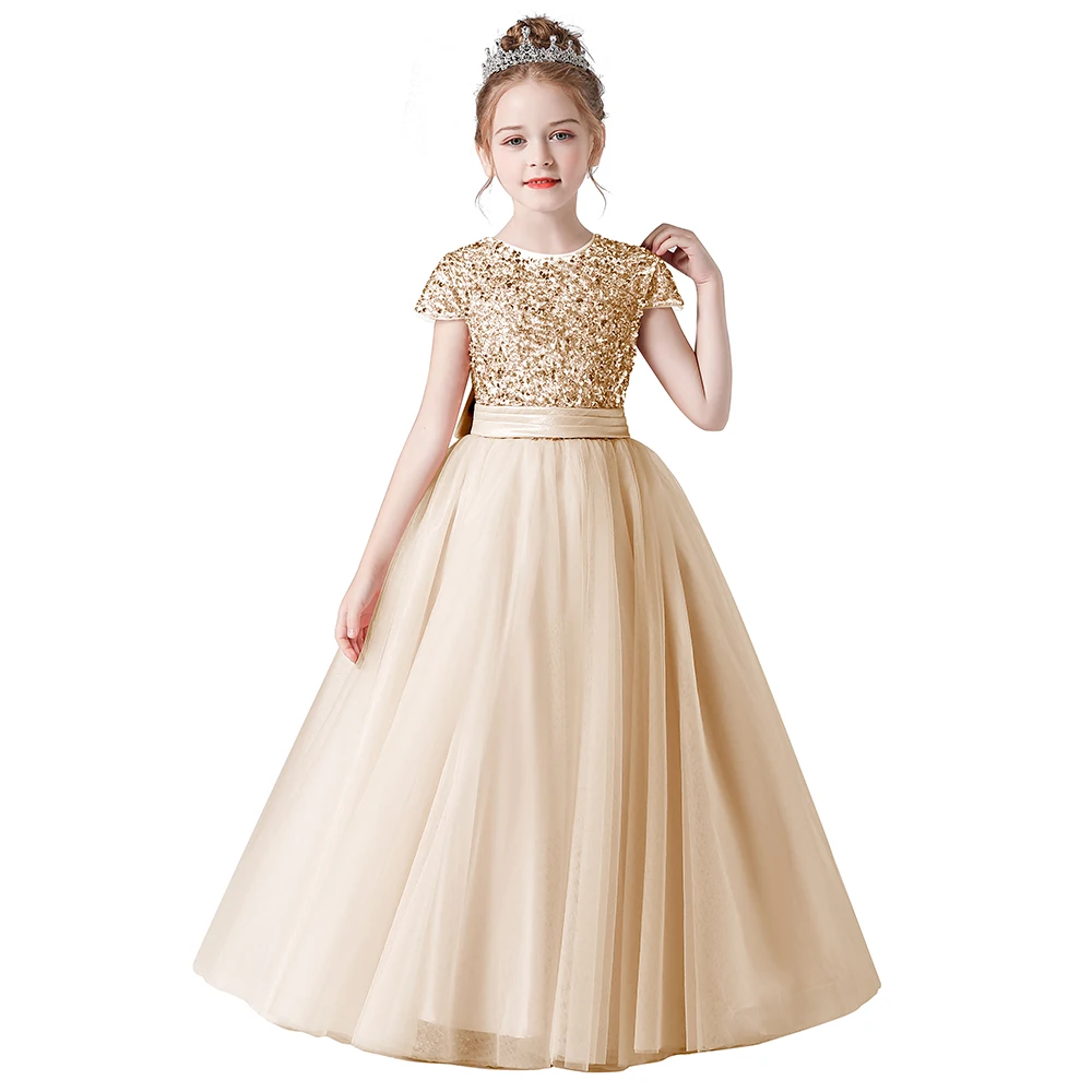 Dideyttawl świecący cekiny krótkie rękawy kwiatowe sukienki dla dziewczynek Tulle Kids Birthday Party Pageant suknia wieczorowa Junior druhna Spódnica bufiasta do kostek dla dzieci w stylu księżniczki Nowa