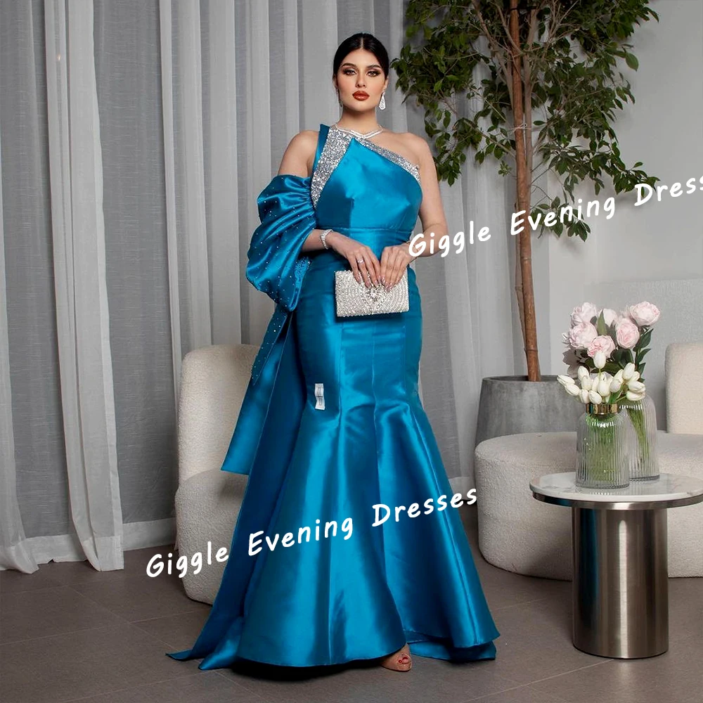 

Giggle Satin Halter Beaded Mermaid Prom Gown Saudi Arab Elegance Draped Formal Floor-Length Evening Party Dresses for Women 2024