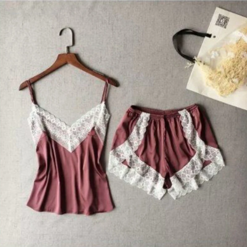 Women's Sleepwear Sexy Satin Pajama Set White Lace V-Neck Pyjamas Sleeveless Cute Cami Top And Shorts