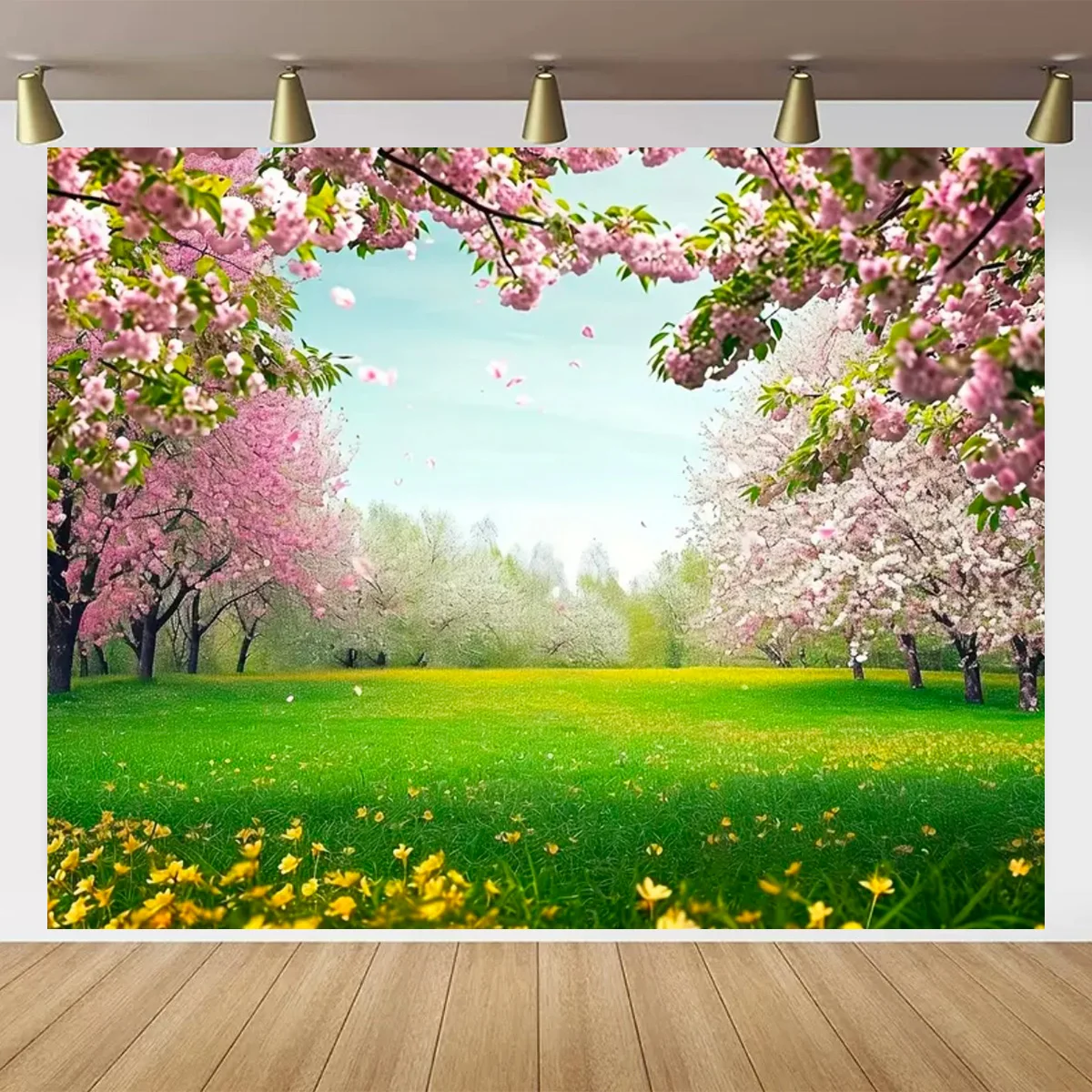 15x8ft Spring Backdrop Rustic Wood Floor Garden Pink Flowers Greenery Grassland Background Birthday Baby Shower Wall Decor Supplies Photography Kids Adult Portrait Outdoor Photo Studio Props