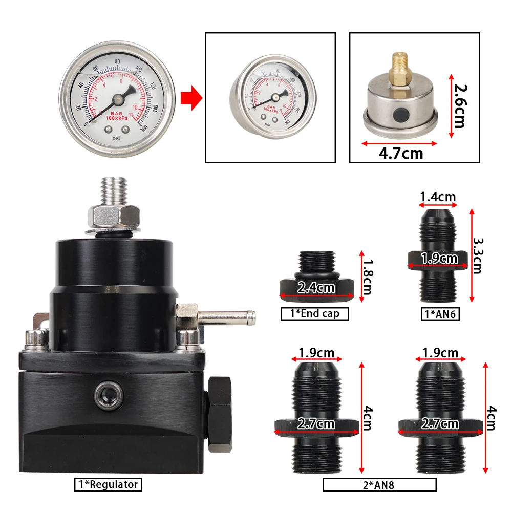 Adjustable Fuel Pressure Regulator with White Oil Gauge AN8/10 Feed Fitting AN6 Return Line Fitting AN8/10 End Cap