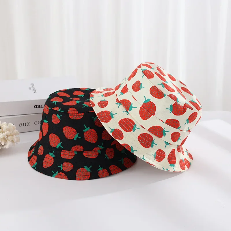 Childen Summer Bucket Hat Cute Strawberry Pattern Brim UV Protection Fisherman 2-8Years Baby Girls Boys Kids Panama