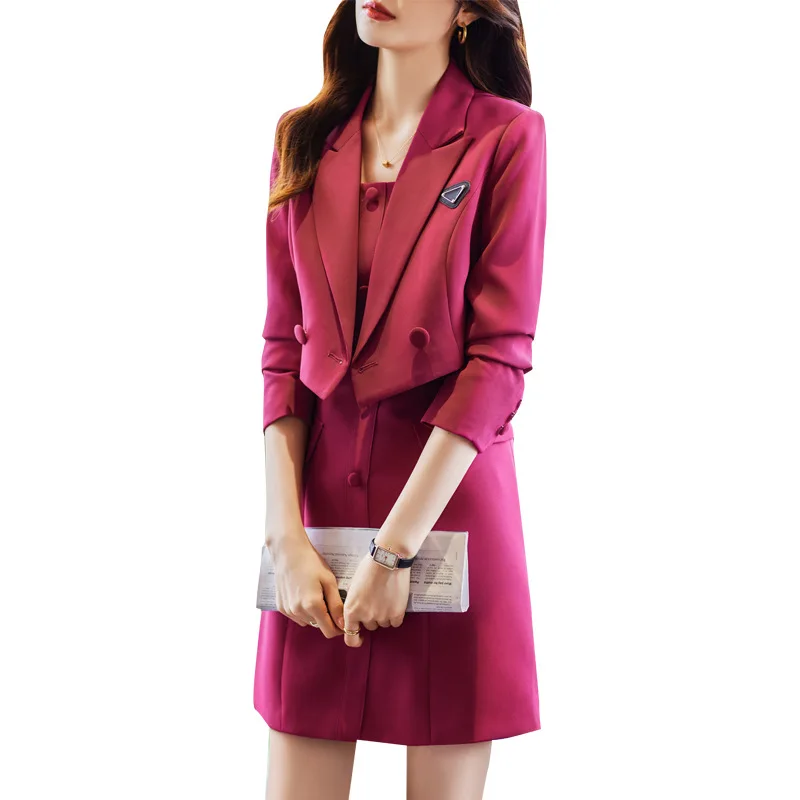 

Rose Red Ladies Office Autumn Winter Formal Women 2023 Business Suits with Dress and Short Jackets Coat Professional Work Wear