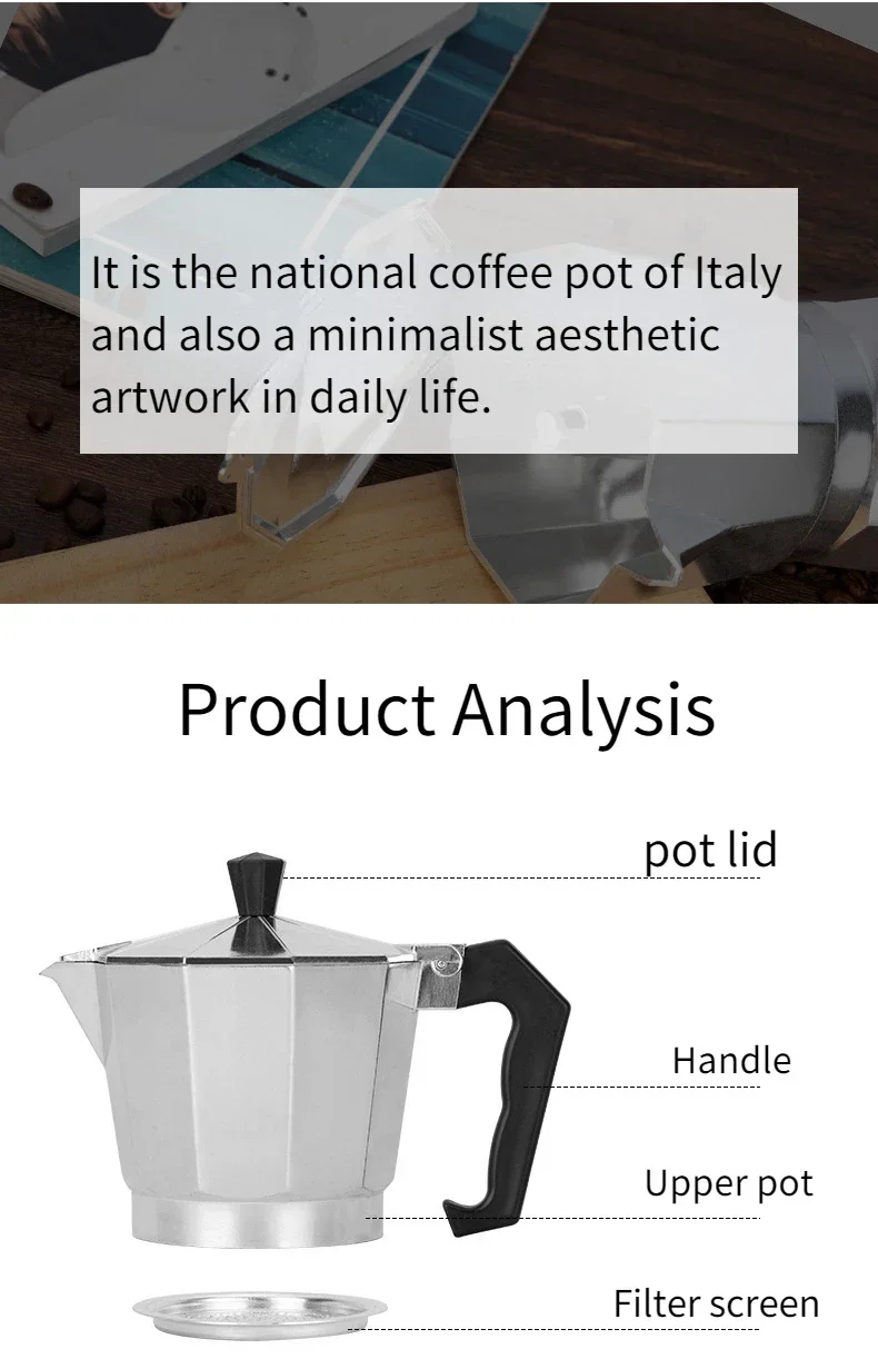 Description Picture 4 of itemItalian Coffee Machine with Handle Octagonal Aluminium Alloy Coffee Cups Home Applicable Stove Espresso Flat Bottom Moka Pot