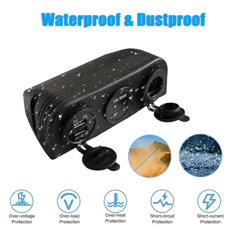 Bsowte Pannello tipo tenda a due fori, ricarica rapida 3.0 Dual USB caricabatteria da auto + presa 12 V/24 V per auto, moto, barca, ATV RV