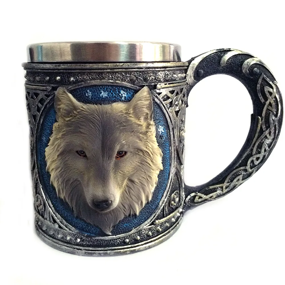 

Vintage 3D Wolf King Mug Double Stainless Steel Wolf Head Creative Table Decoration Coffee Mug Beer Large Capacity Water Cup