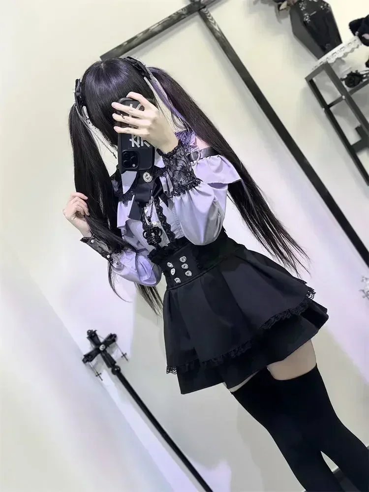 Lapel Neck Off Shoulder Long Sleeve Shirts Women+ Y2k High Waist Ruched Lace Skirts 2025 Early Autumn New Two Piece Sets 6