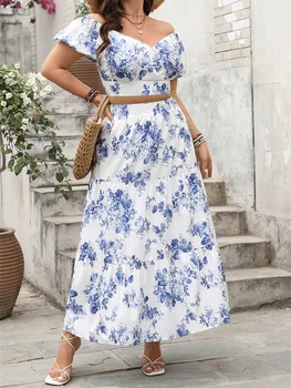 Elegant Plus Size Outfit Floral Print V-Neck Top with Short Sleeves and Elastic Waist Long Skirt - 2 Piece Set for Women 1