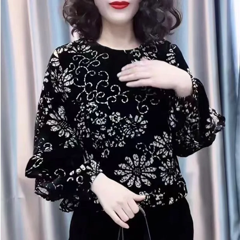 2023 New Spring and Autumn Fashion Foreigner Round Neck Print Commuter Simple Versatile Lantern Sleeves Casual Loose Shirt