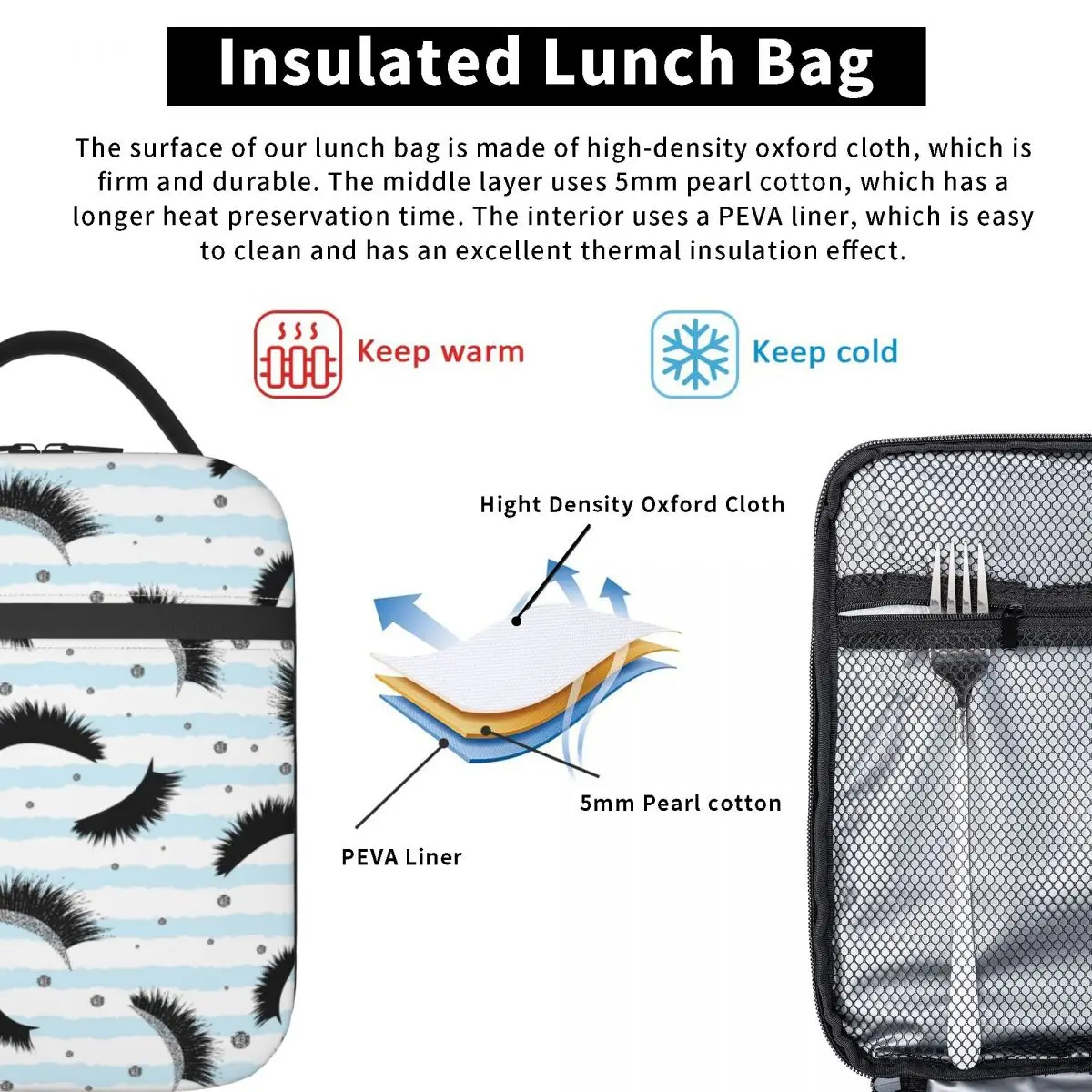 Eyelash Eyes Thermal Insulated Lunch Bags Silver Lashes Seamless Blue Stripes Portable Lunch Tote for Kid Multifunction Food Box