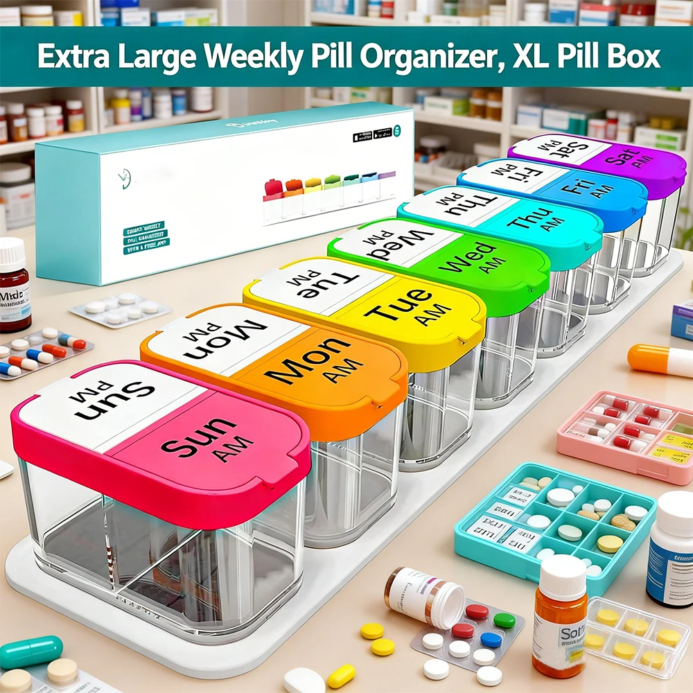 Oversized 7-Day AM/PM Pill Organizer with 14 Spacious Compartments for Family Health Management